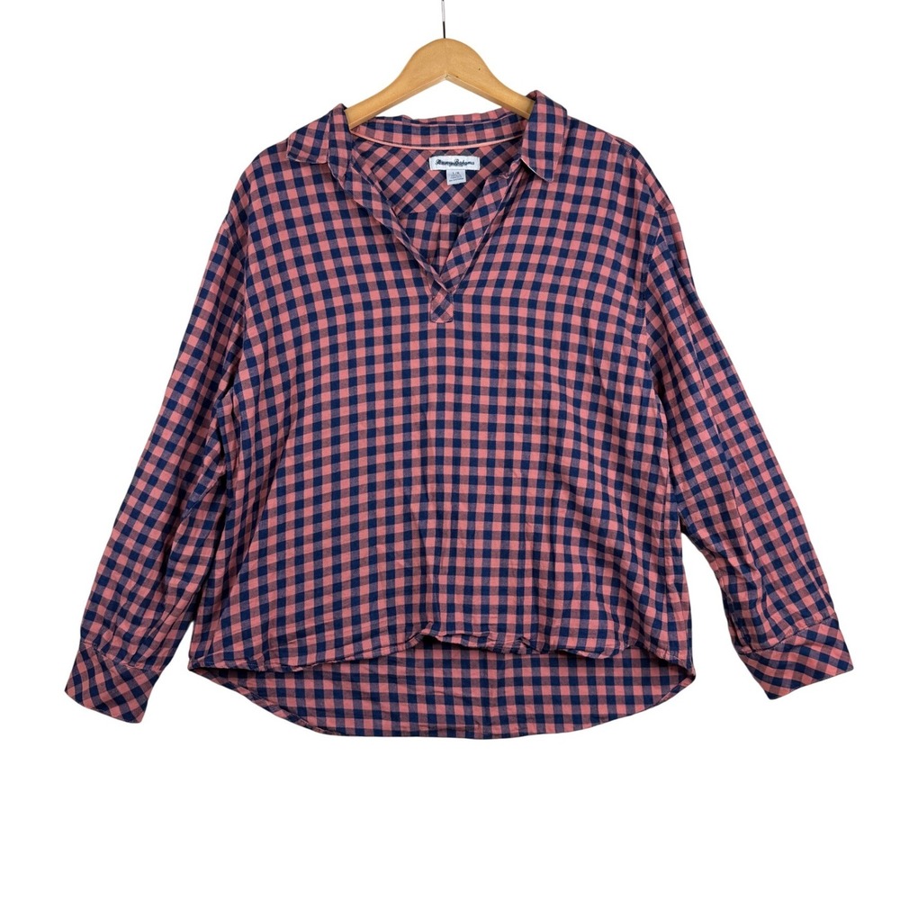 Tommy Bahama Bonita Checked Popover Long Sleeve Shirt size Large Blue/Red